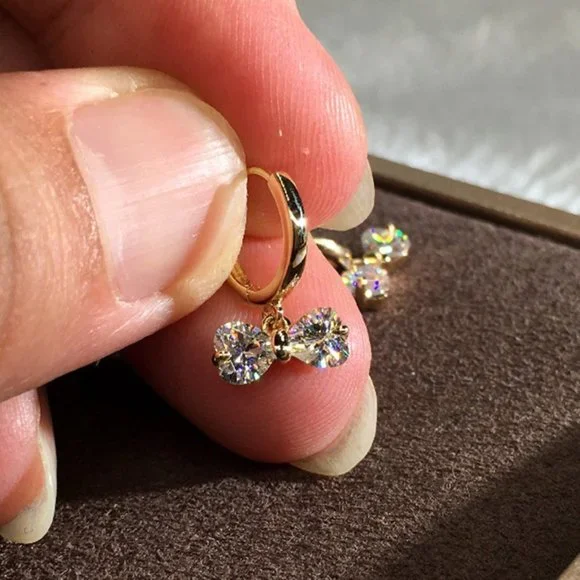 💞18K Gold Hoop Huggies Exquisite Crystal Bowknot Drop Dangle Earrings,UNVN12488 - Picture 4 of 7